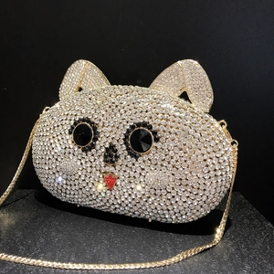 Sparkling crystal encrusted cat evening clutch bag with gold chain strap for women