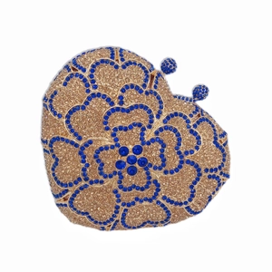 Champagne heart-shaped evening clutch bag with blue floral rhinestones on white background