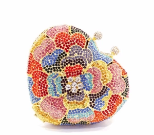 Colorful floral crystal heart evening clutch bag with double diamond clasps