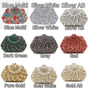 Neuf couleurs de pochettes de soirée en cristal avec motifs de plumes de paon et fleurs