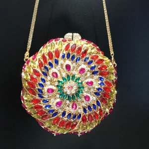 Luxury round evening clutch bag with colorful rhinestones and gold chain strap