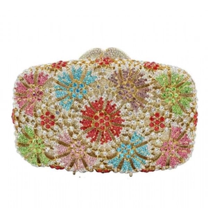 Elegant clutch bag featuring colorful rhinestone dandelion patterns and metal clasp