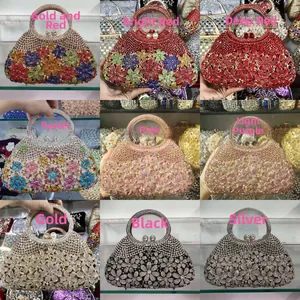 Color options of sparkling rhinestone evening bags with floral patterns and round handles