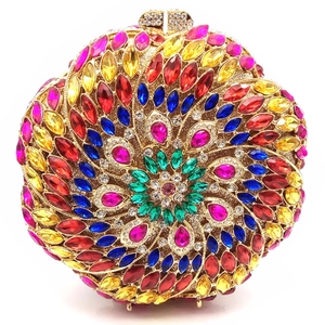 Round Evening Clutch Bag Colorful Rhinestone Crystal Floral Hard Shell Purse With Chain For Women Party Wedding