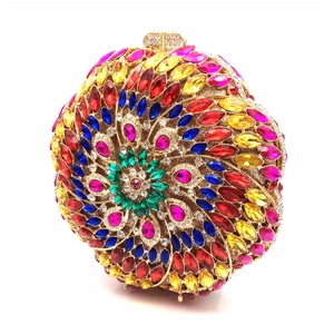 Exquisite circular evening clutch bag with colorful floral crystals and gold metal frame