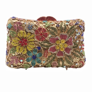 Luxury Floral Rhinestone Evening Clutch Bag For Women Colorful Crystal Metal Frame Wedding Party Handbag With Chain