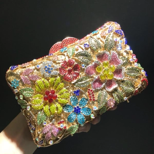 Luxurious floral crystal evening clutch bag with colorful rhinestones and gold metal frame