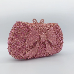 Elegant pink rhinestone evening clutch bag with hollow bow design and metal chain strap
