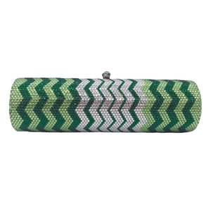 Green chevron crystal cylinder evening clutch bag with sparkling rhinestone wave pattern