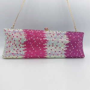 Elegant rectangle evening clutch bag with sparkling pink and purple crystals and gold chain