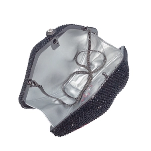 Elegant black rhinestone evening clutch bag with silver chain strap on white background