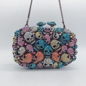 Colorful Skull Rhinestone Evening Clutch Bag For Women Gothic Crystal Metal Hard Shell Purse With Chain Strap Party