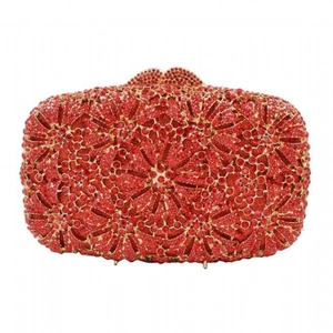 Detailed close-up of a red crystal evening bag with intricate floral rhinestones