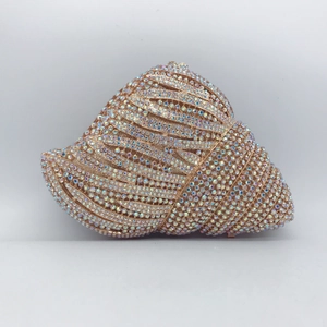 Conch shaped evening clutch bag with full rhinestones and rose gold metal frame
