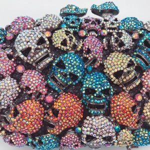 Skull crystal evening clutch bag with multicolor rhinestones and hollow-out design