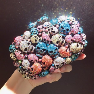 Exquisite skull evening clutch bag with colorful rhinestones and sparkling crystal finish
