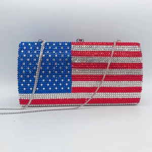 American Flag Rhinestone Evening Bag Full Crystal Clutch Purse For Women With Metal Chain Strap Hard Shell Banquet Party