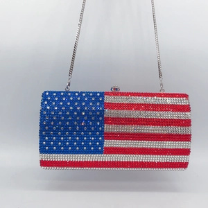 Elegant rectangle American flag clutch with sparkling rhinestones and silver chain strap