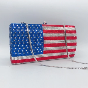 Sparkling American flag crystal clutch bag with silver chain strap for evening events