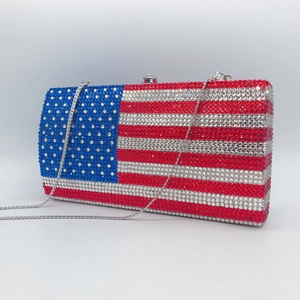 American flag crystal clutch bag with silver chain and rhinestone lock for evening parties