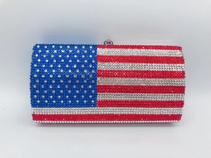 Front view of a rectangular evening clutch with American flag pattern in rhinestones