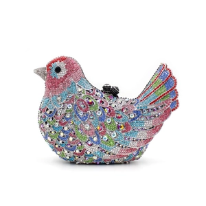 Exquisite bird-shaped evening clutch bag encrusted with colorful gradient rhinestones