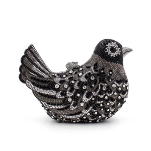 Elegant bird shaped evening clutch bag encrusted with shimmering grey and black rhinestones