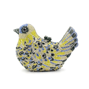 Exquisite bird-shaped evening clutch bag encrusted with colorful crystals and rhinestones