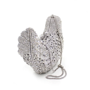 Exquisite swan-shaped evening clutch bag with shimmering silver rhinestones and chain