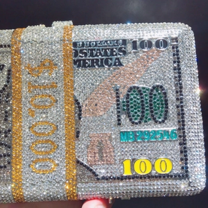 Pochette de soirée en forme de liasse de dollars avec cristaux brillants multicolores
