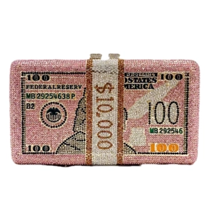 Pochette de soirée en strass roses motif billet de 100 dollars pour femmes chics