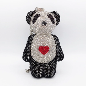 Luxury sparkling rhinestone panda evening clutch bag with red heart and silver chain strap