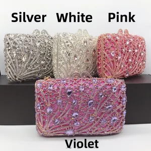 Pochettes de soirée luxueuses en strass de couleurs argent, blanc, rose et violet