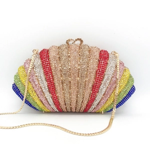 Rainbow Rhinestone Evening Bag Shell Shaped Colorful Crystal Banquet Clutch For Women With Metal Chain Shoulder Strap