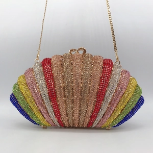 Rainbow gradient shell evening bag with full crystal rhinestones and gold chain