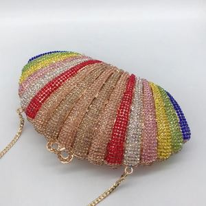 Rainbow shell-shaped evening clutch bag with sparkling rhinestones and gold chain