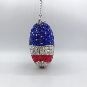 Sparkling American flag themed heart evening bag with crystal rhinestones and metal chain