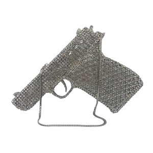 Luxury silver gun-shaped evening clutch bag with sparkling crystals and chain strap