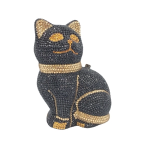 Cat-shaped evening clutch bag featuring black and gold crystals for elegant dinner parties