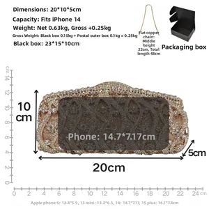Luxury rhinestone evening clutch with champagne gold finish and 48cm copper chain strap