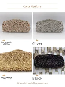 Macro detail of luxury hollow metal evening clutch bags with sparkling rhinestones in 4 colors