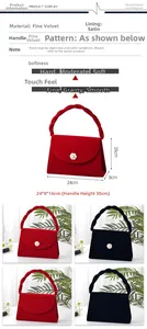 Close-up of velvet bridal handbag with camellia ornament and twisted top handle