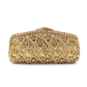 Elegant gold rhinestone evening clutch bag with a shimmering hollow metal crystal design