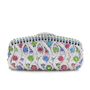 Detailed macro view of vibrant colorful rhinestones on a luxury evening clutch bag