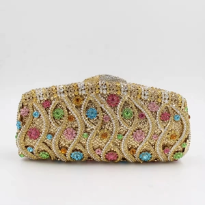 Elegant champagne gold evening clutch with colorful floral rhinestone pattern and chain strap