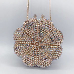 Sparkling pumpkin flower evening clutch bag with colorful rhinestones and gold chain