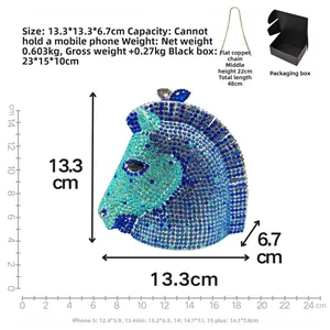 Detail showing dimensions of rhinestone horse head clutch with blue gradient crystals