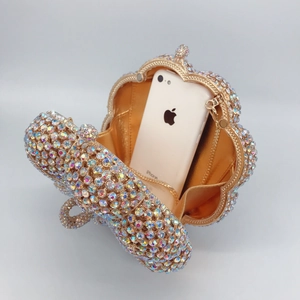 Luxury round pumpkin evening clutch bag with iridescent colorful rhinestones and gold chain