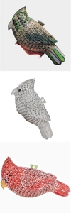 Detailed views of bird shaped evening clutch bags encrusted with colorful rhinestones