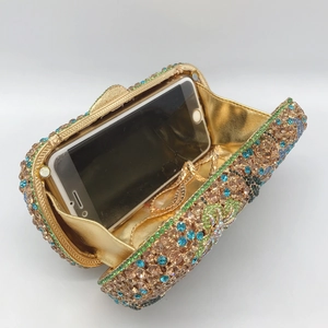 Floral crystal evening clutch bag with champagne and blue rhinestones and gold chain strap
